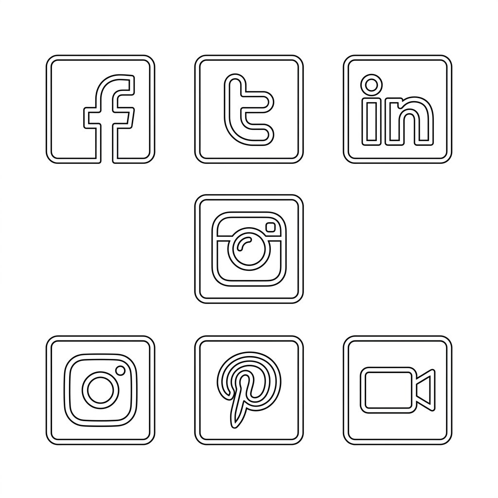 White Facebook, Twitter, LinkedIn, Instagram, Pinterest, and video icons